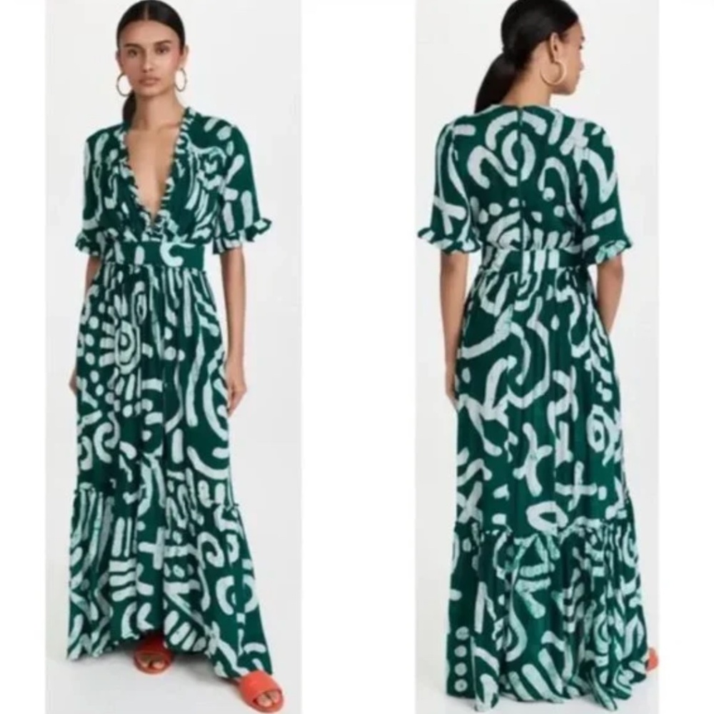 Busayo Tomi Green & White V-Neck High-Low Maxi Dress - Picture 2 of 13